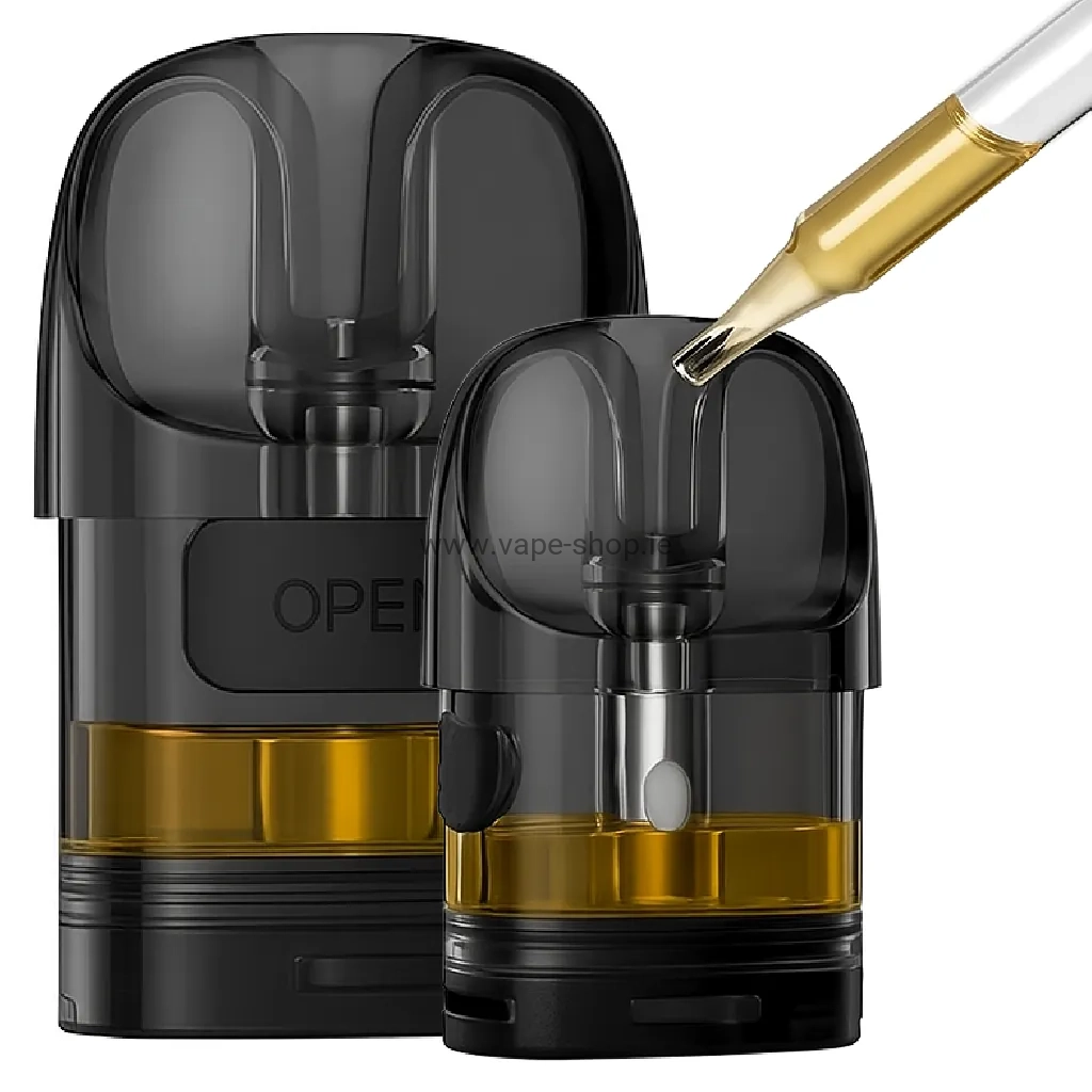 Lost Vape E Plus Cartridge – close-up of two refillable vape pods with golden e-liquid, one being refilled with a dropper