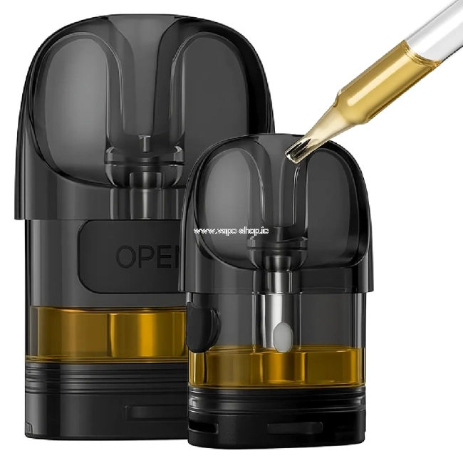 Lost Vape E Plus Cartridge – close-up of two refillable vape pods with golden e-liquid, one being refilled with a dropper