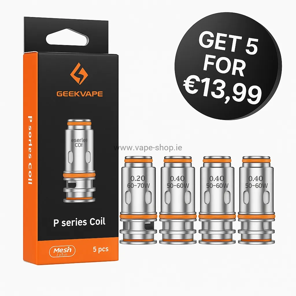 GeekVape P Series Coils pack of 5 with retail box and 3D badge showing price €13.99 on white background