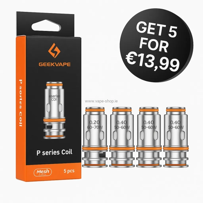 GeekVape P Series Coils pack of 5 with retail box and 3D badge showing price €13.99 on white background