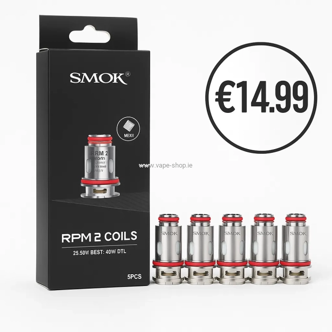 : SMOK RPM 2 Coils pack of 5 with black retail box and circular price tag €14.99 on white background