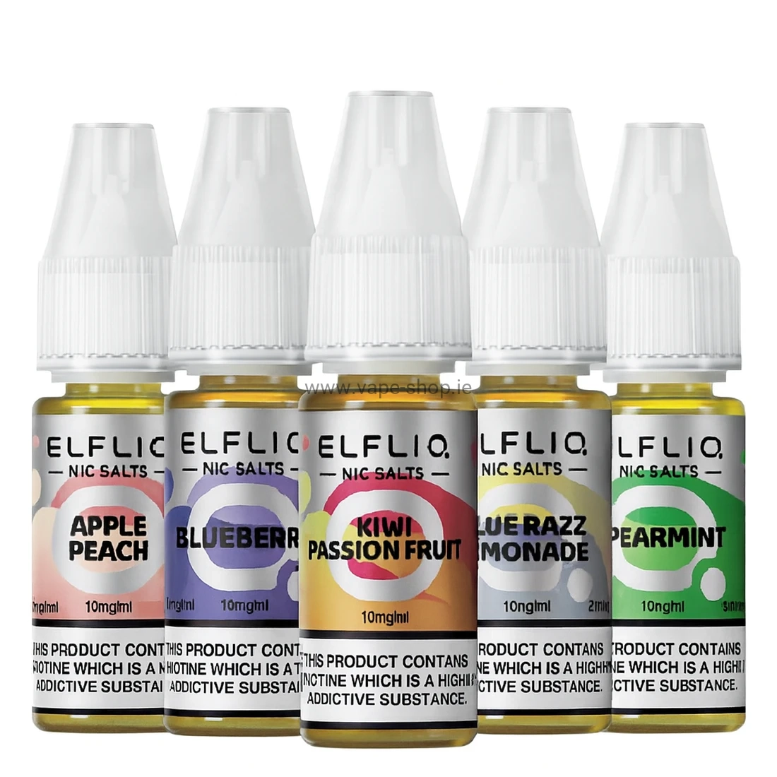 ELFLIQ Nic Salt bottles 10ml assorted flavours on white background
