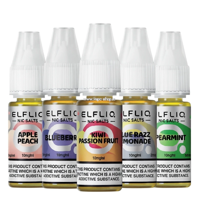 ELFLIQ Nic Salt bottles 10ml assorted flavours on white background