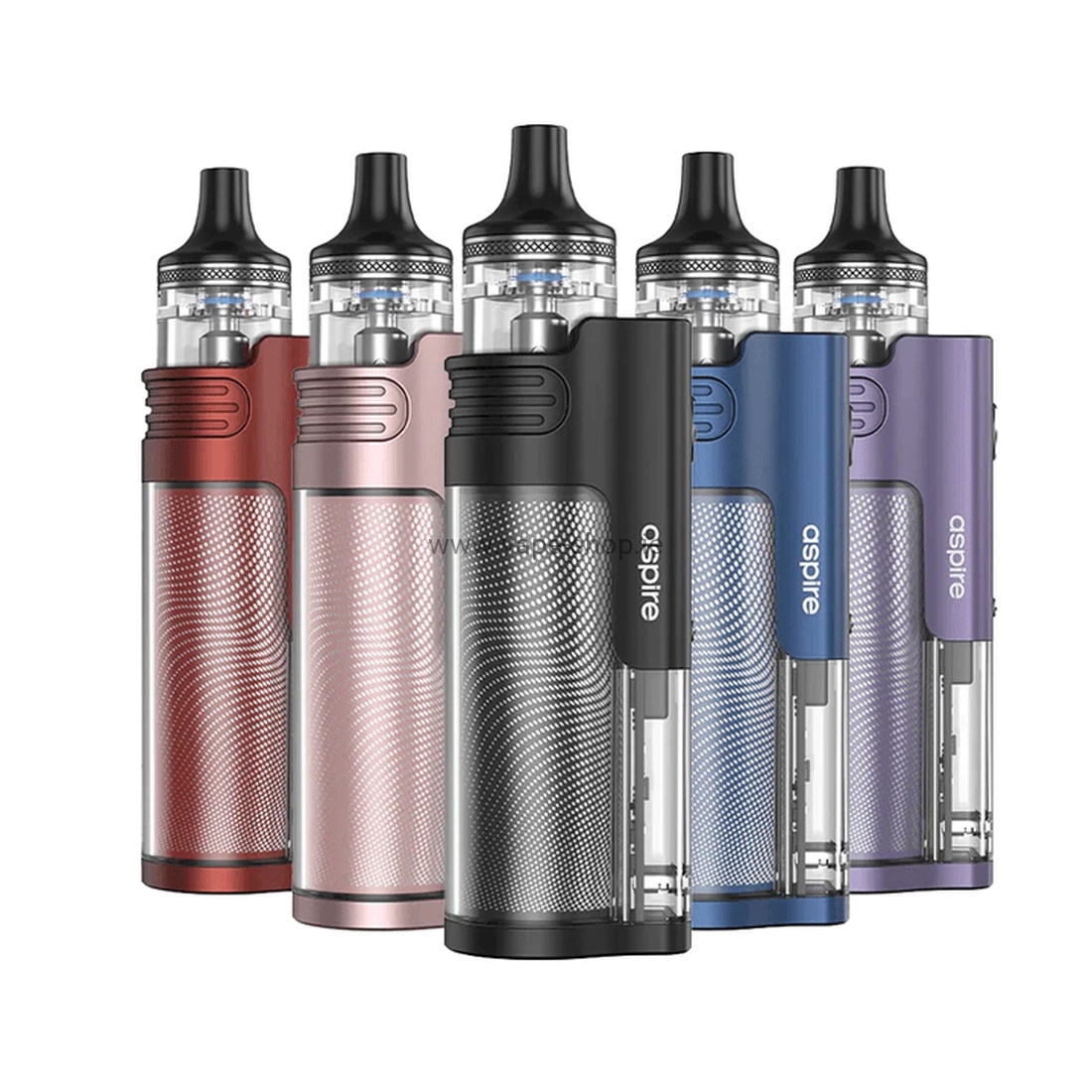 Aspire vape devices in multiple colours displayed on white background