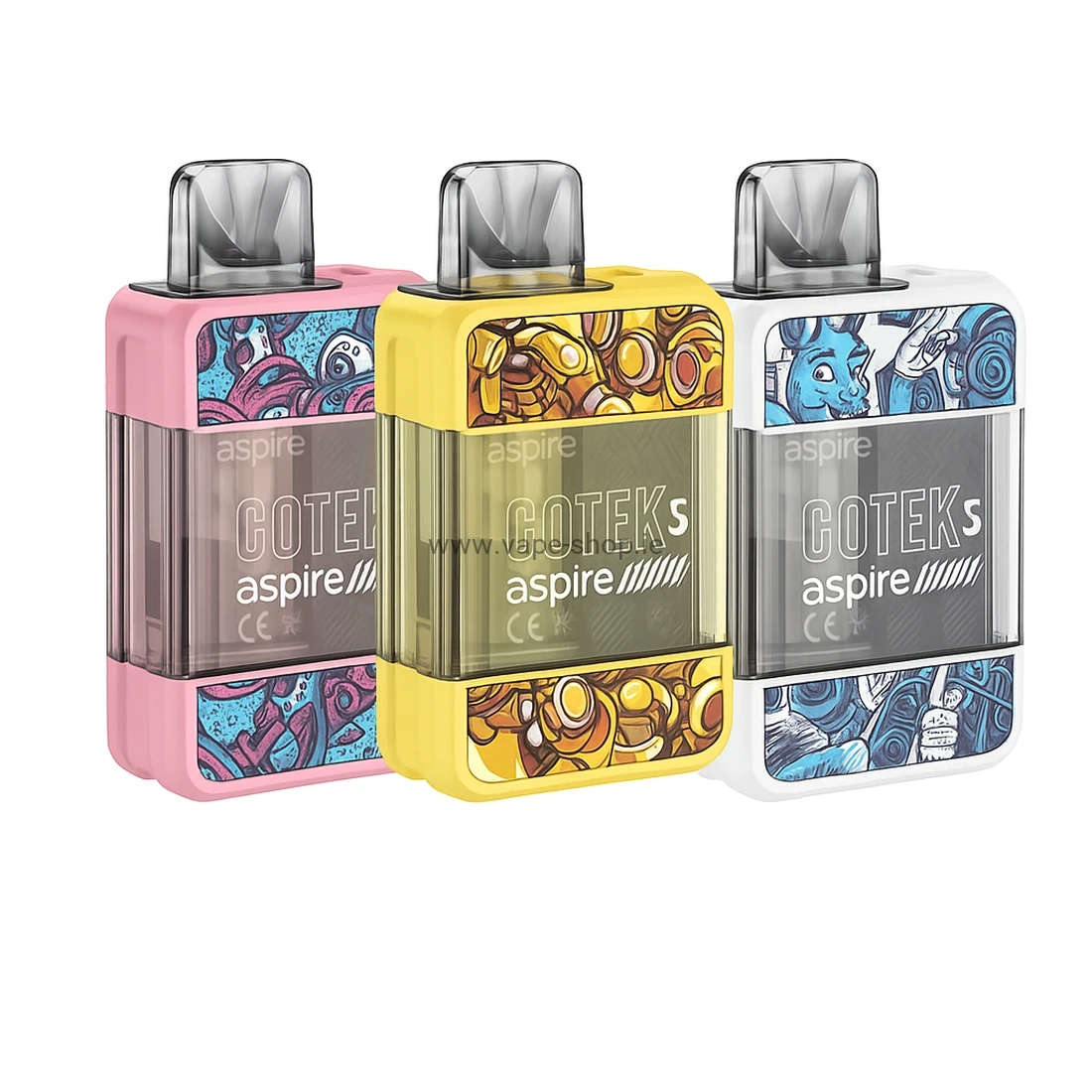 Aspire Gotek S devices in pink, yellow and white designs displayed on a white background
