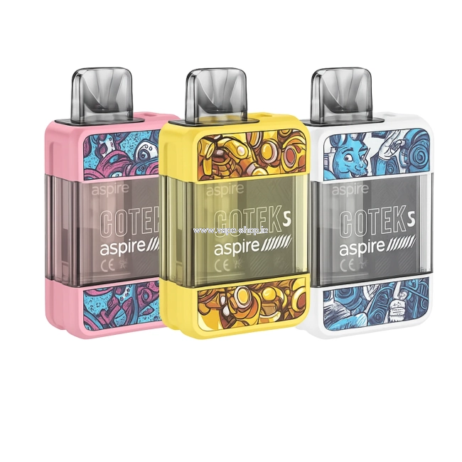 Aspire Gotek S devices in pink, yellow and white designs displayed on a white background