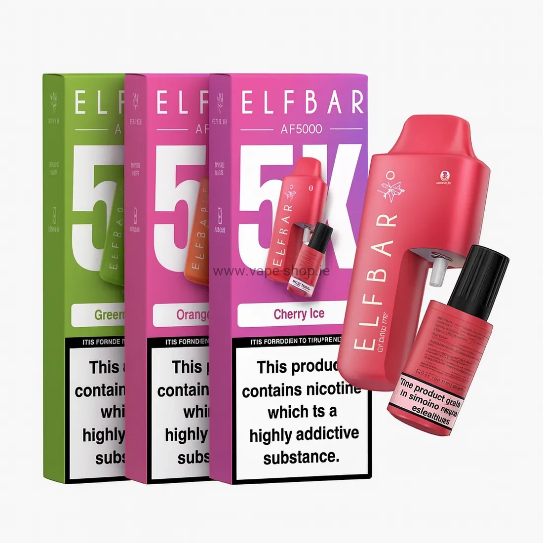ELFBAR AF5000 vape kits with packaging in assorted flavours on white background