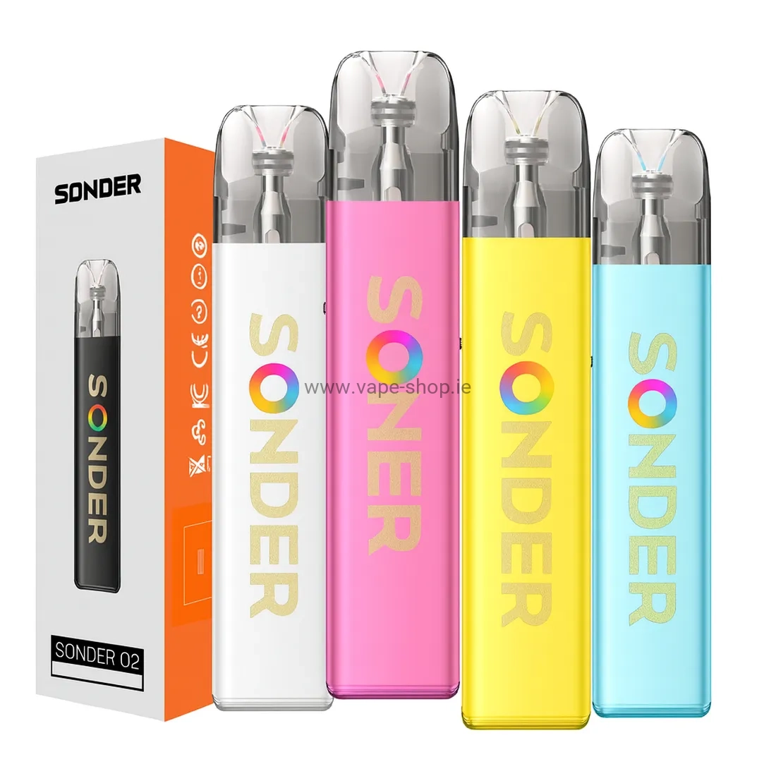 Sonder O2 vape devices in four pastel colours with packaging, displayed on white background
