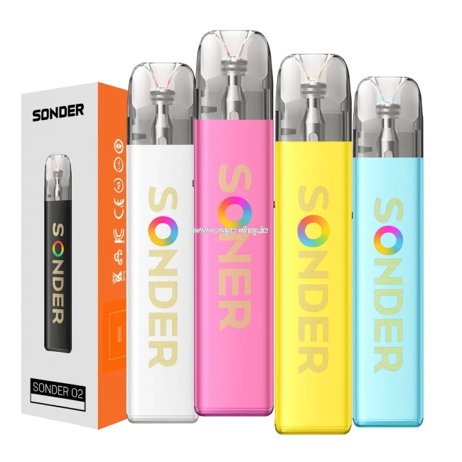 Sonder O2 vape devices in four pastel colours with packaging, displayed on white background