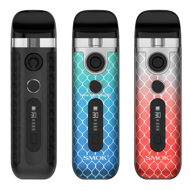 SMOK pod devices in three colours – black carbon, blue gradient and red gradient – displayed on white background