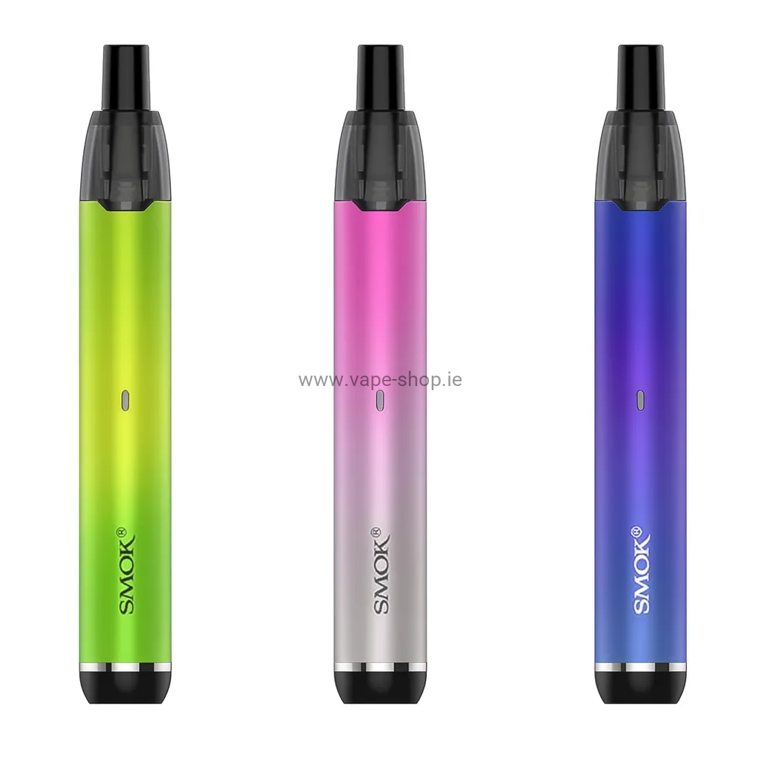 SMOK Stick G15 vape devices in green, pink and blue gradient colours displayed on a white background