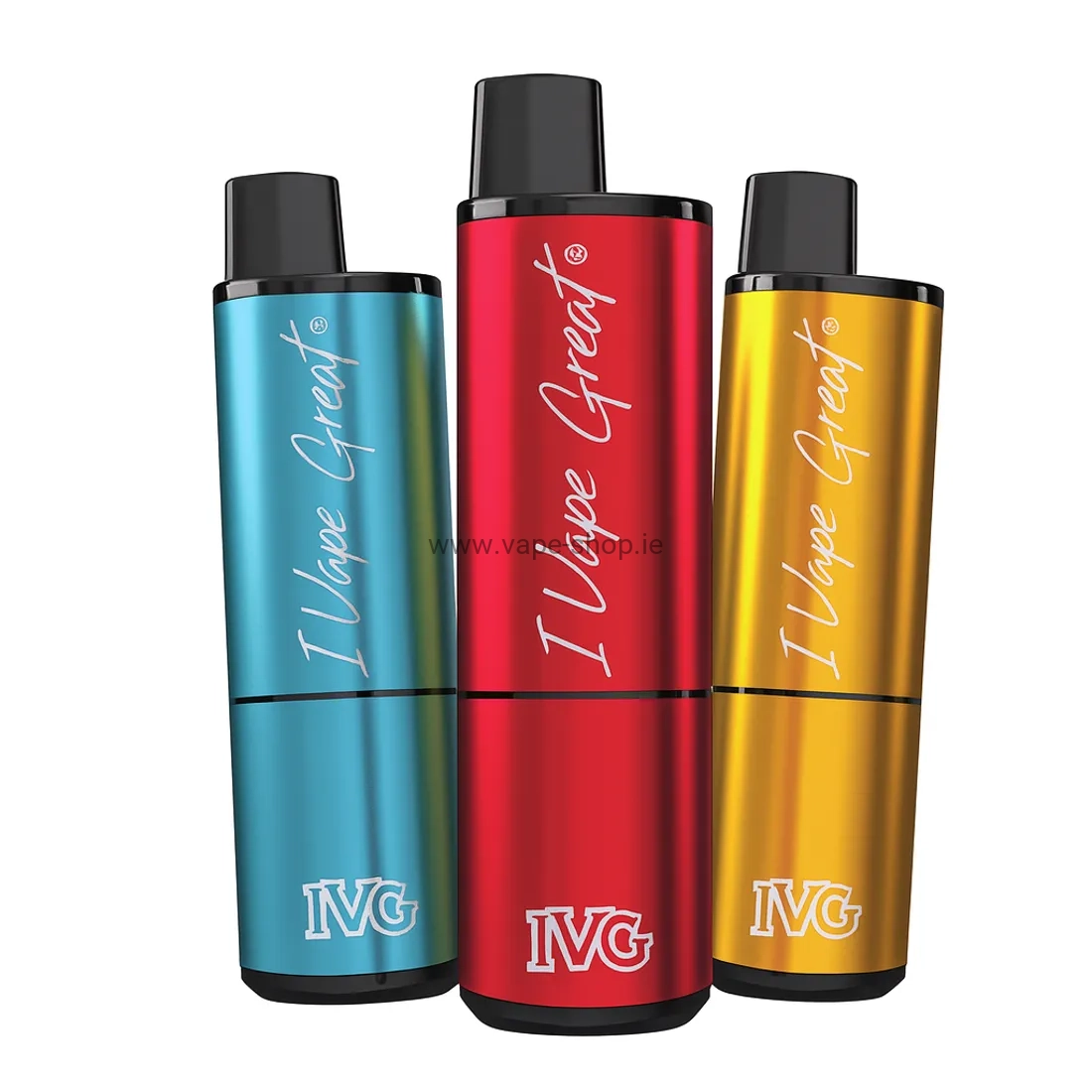 IVG disposable vapes in metallic colours blue red and gold – product image Ireland