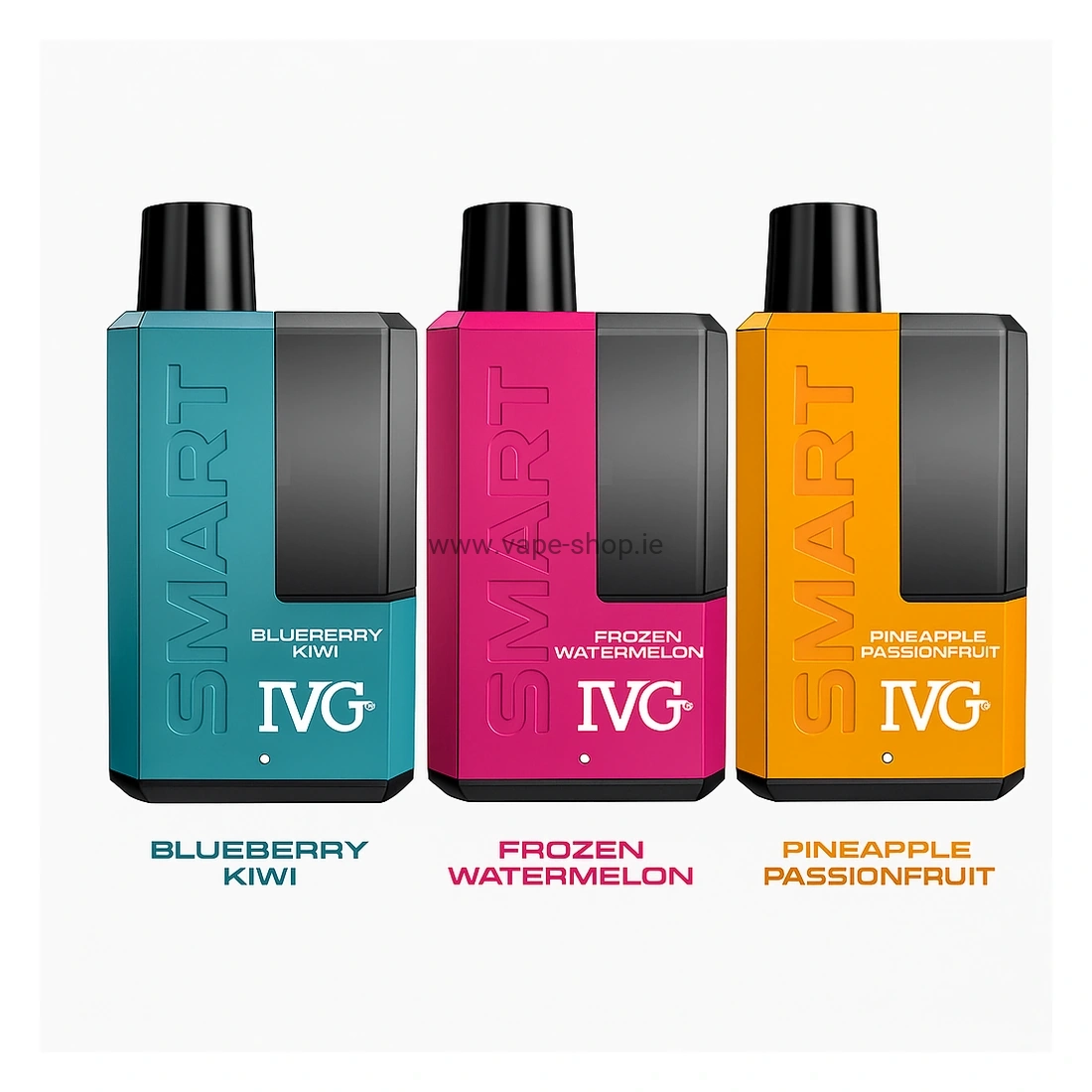 IVG Smart vape devices trio on white background: Blueberry Kiwi, Frozen Watermelon, Pineapple Passionfruit.