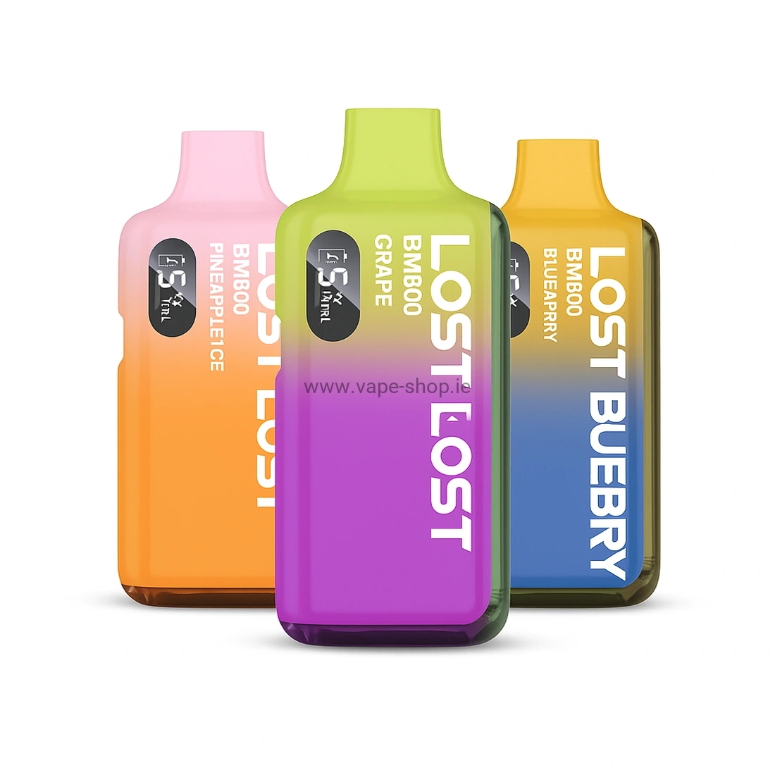 Three Lost Mary BM600 disposable vape devices on white background in alternate colours: Pineapple Ice, Grape, Blueberry.