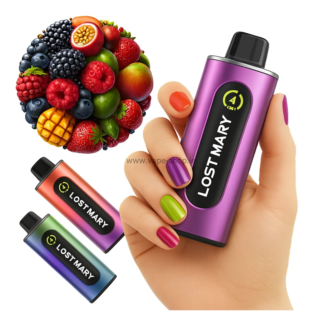 Hand holding Lost Mary vape device with colourful fruit background and additional devices on white background.