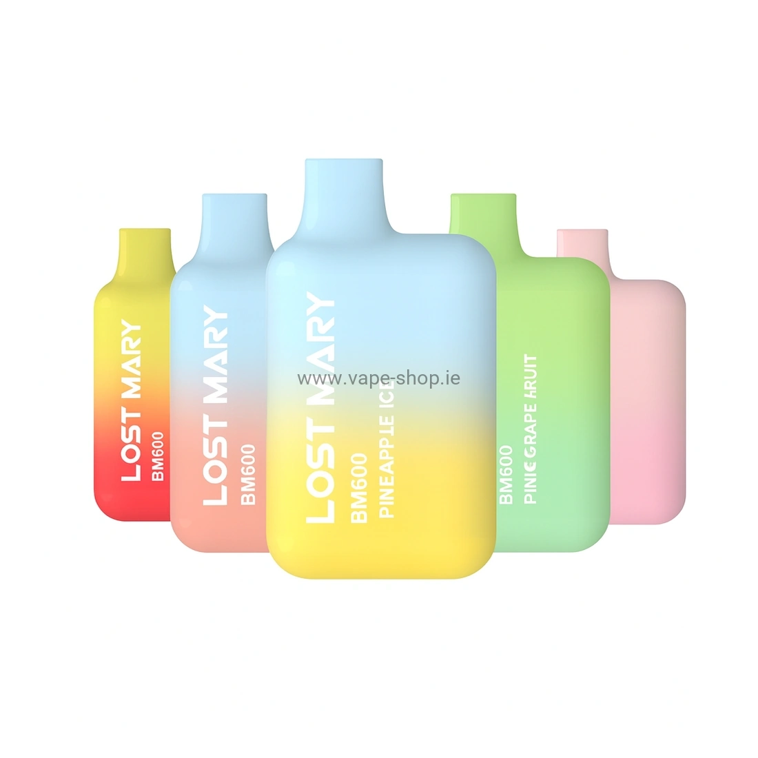 Five Lost Mary BM600 disposable vape devices arranged in a row, shown in alternate pastel colour gradients on a white background.
