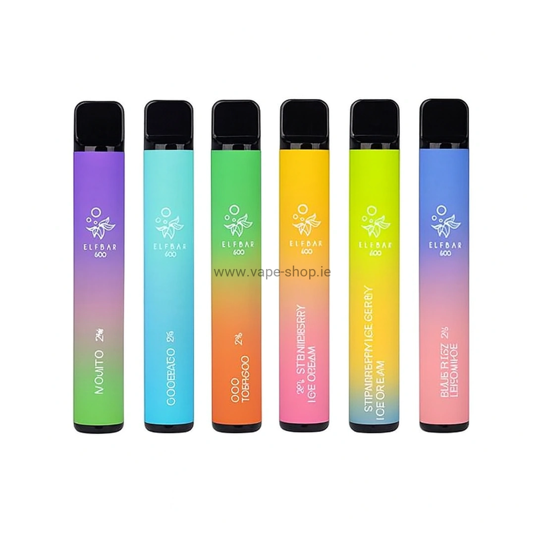 Six ELF BAR 600 disposable vape devices displayed in a row with new gradient colours on a white background.