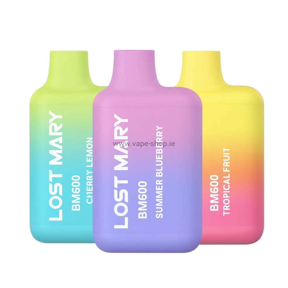 Three Lost Mary BM600 disposable vape devices with updated colour gradients displayed on a white background.