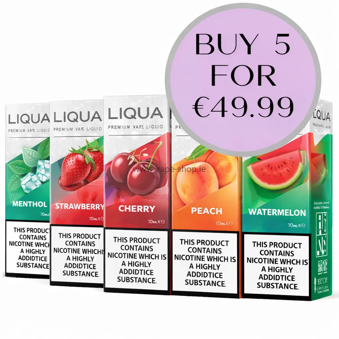 Liqua e-liquid 10ml 5-pack bundle in Ireland – Menthol, Strawberry, Cherry, Peach and Watermelon, buy 5 for €49.99
