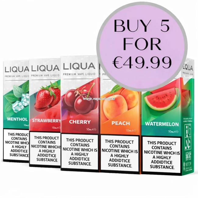 Liqua e-liquid 10ml 5-pack bundle in Ireland – Menthol, Strawberry, Cherry, Peach and Watermelon, buy 5 for €49.99