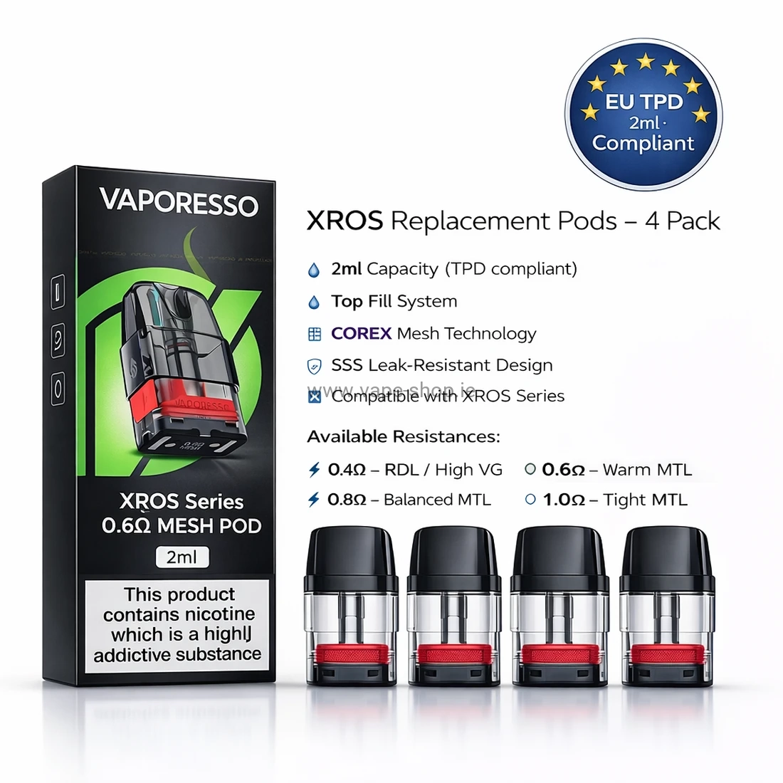 Vaporesso XROS replacement pods 4 pack 2ml with box and four pods