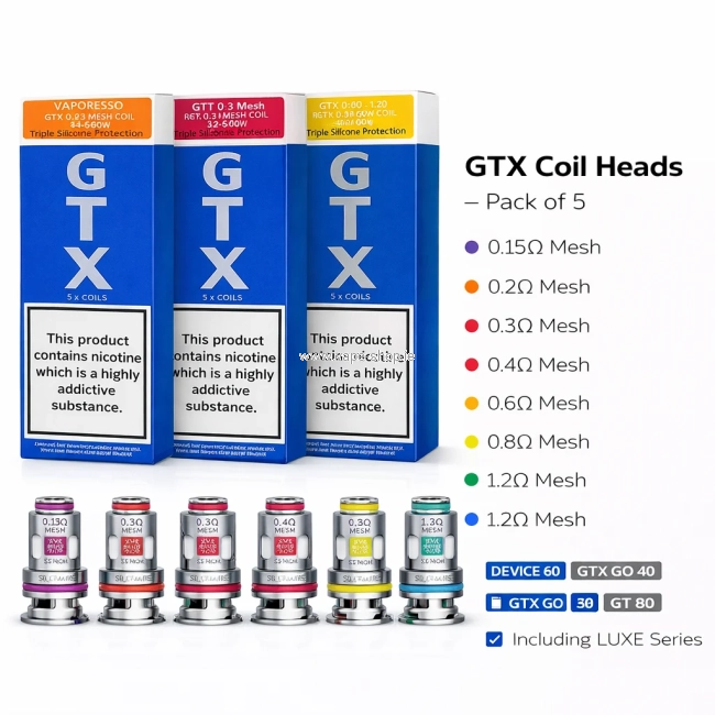 Vaporesso GTX coils 5 pack all resistances mesh 0.15 0.2 0.3 0.4 0.6 0.8 1.2 Ireland