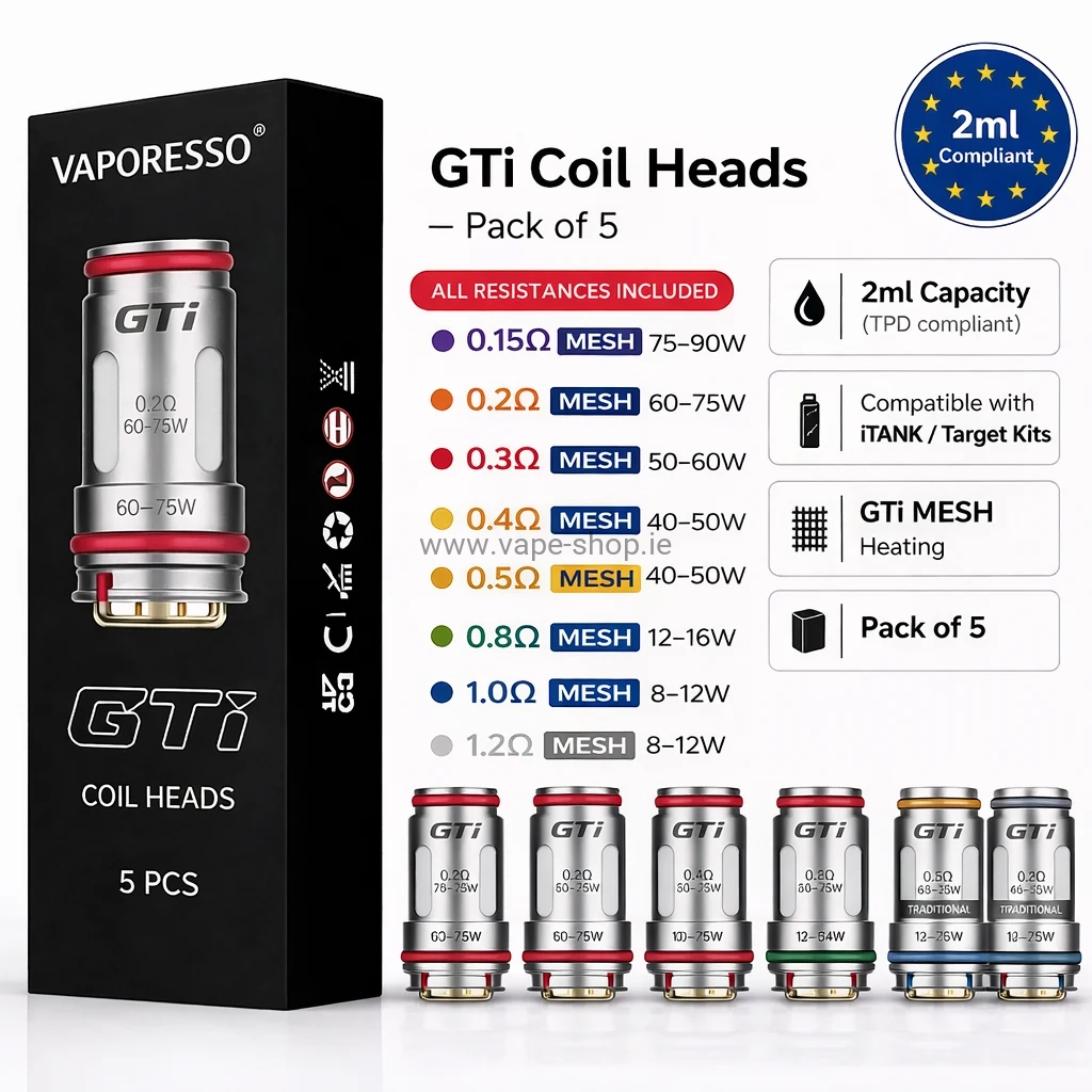 Vaporesso GTi coils 5 pack all resistances mesh 0.15 0.2 0.3 0.4 0.5 0.8 1.0 1.2 Ireland
