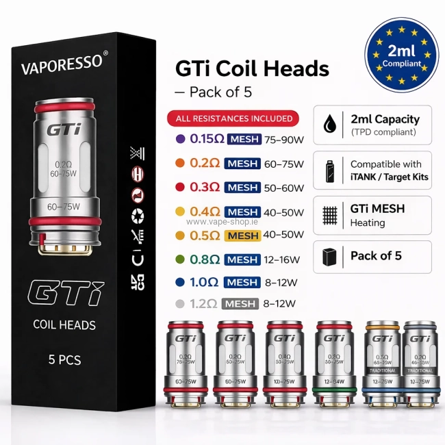 Vaporesso GTi coils 5 pack all resistances mesh 0.15 0.2 0.3 0.4 0.5 0.8 1.0 1.2 Ireland