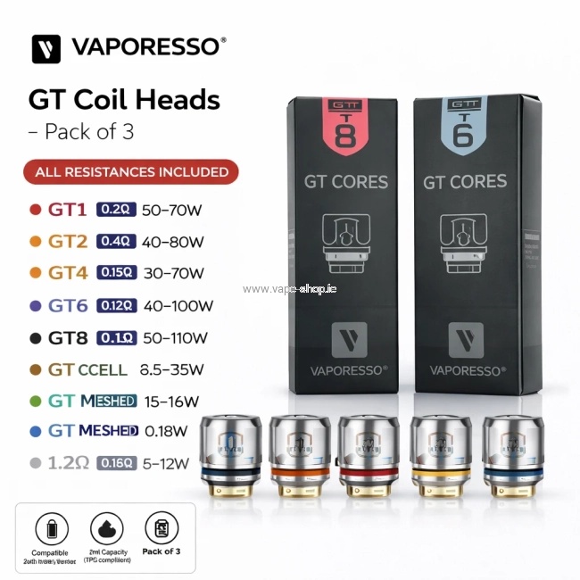 Vaporesso GT coils 3 pack all resistances GT1 GT2 GT4 GT6 GT8 CCELL MESH Ireland