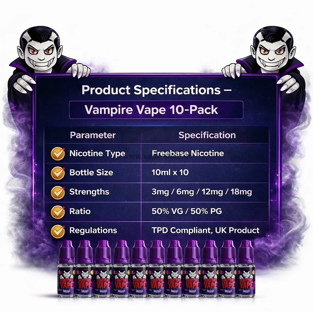 Vampire Vape 10 pack e-liquid bottles, 10ml size and 50/50 VG PG ratio