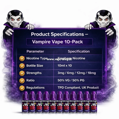 Vampire Vape 10 pack e-liquid bottles, 10ml size and 50/50 VG PG ratio