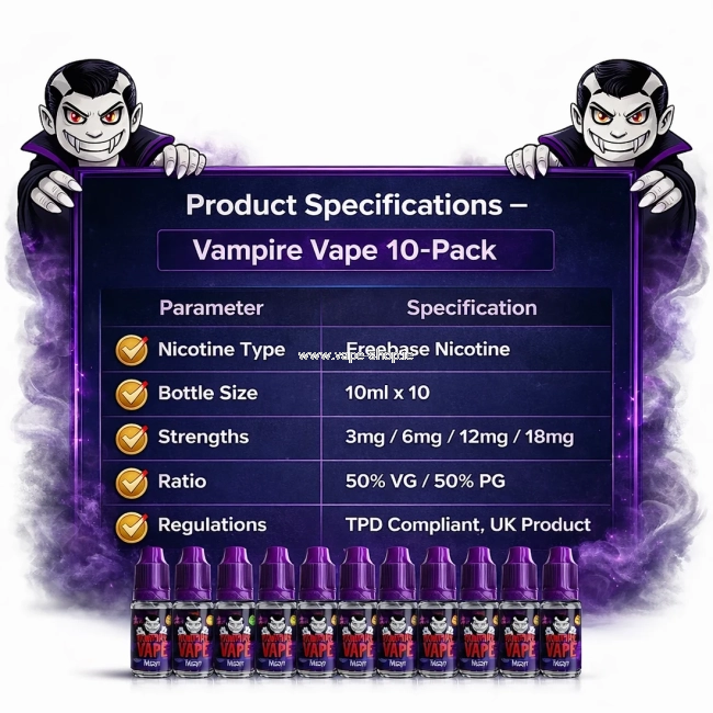 Vampire Vape 10 pack e-liquid bottles, 10ml size and 50/50 VG PG ratio
