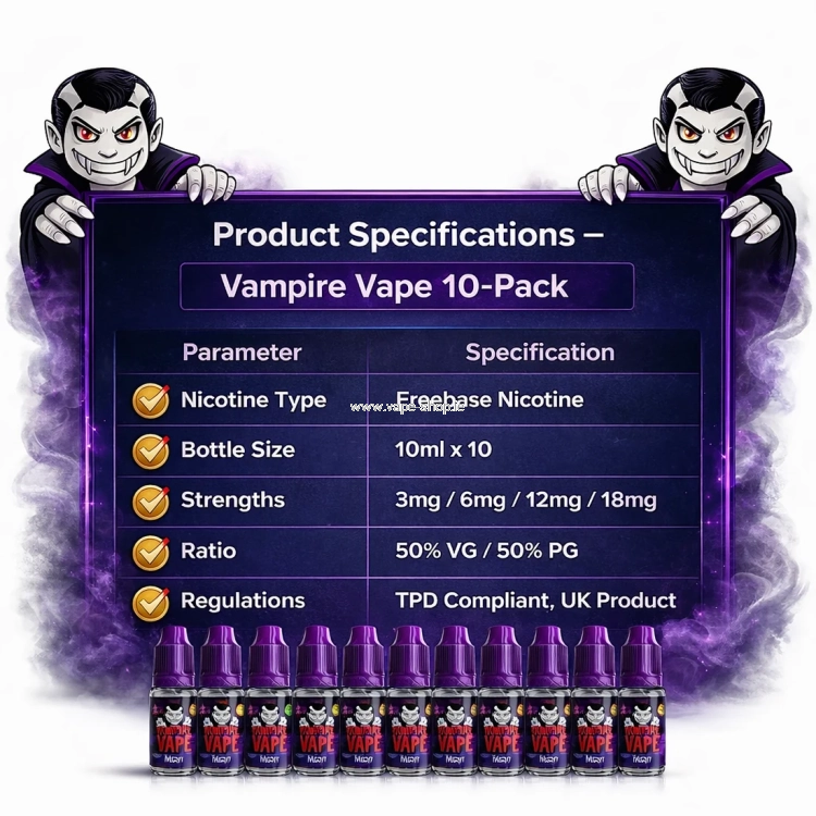 Vampire Vape 10 pack e-liquid bottles, 10ml size and 50/50 VG PG ratio