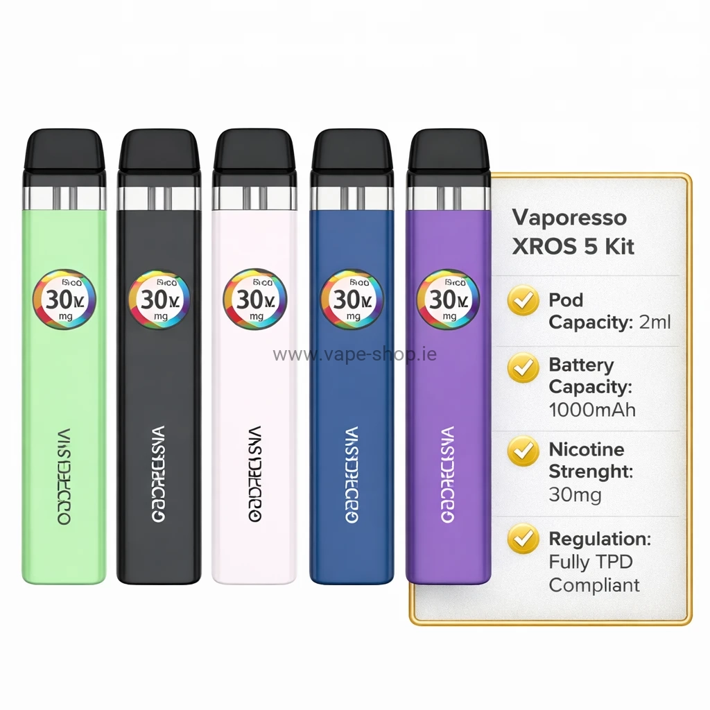 Vaporesso XROS 5 kit devices in multiple colours with specification table showing 2ml pod and battery capacity