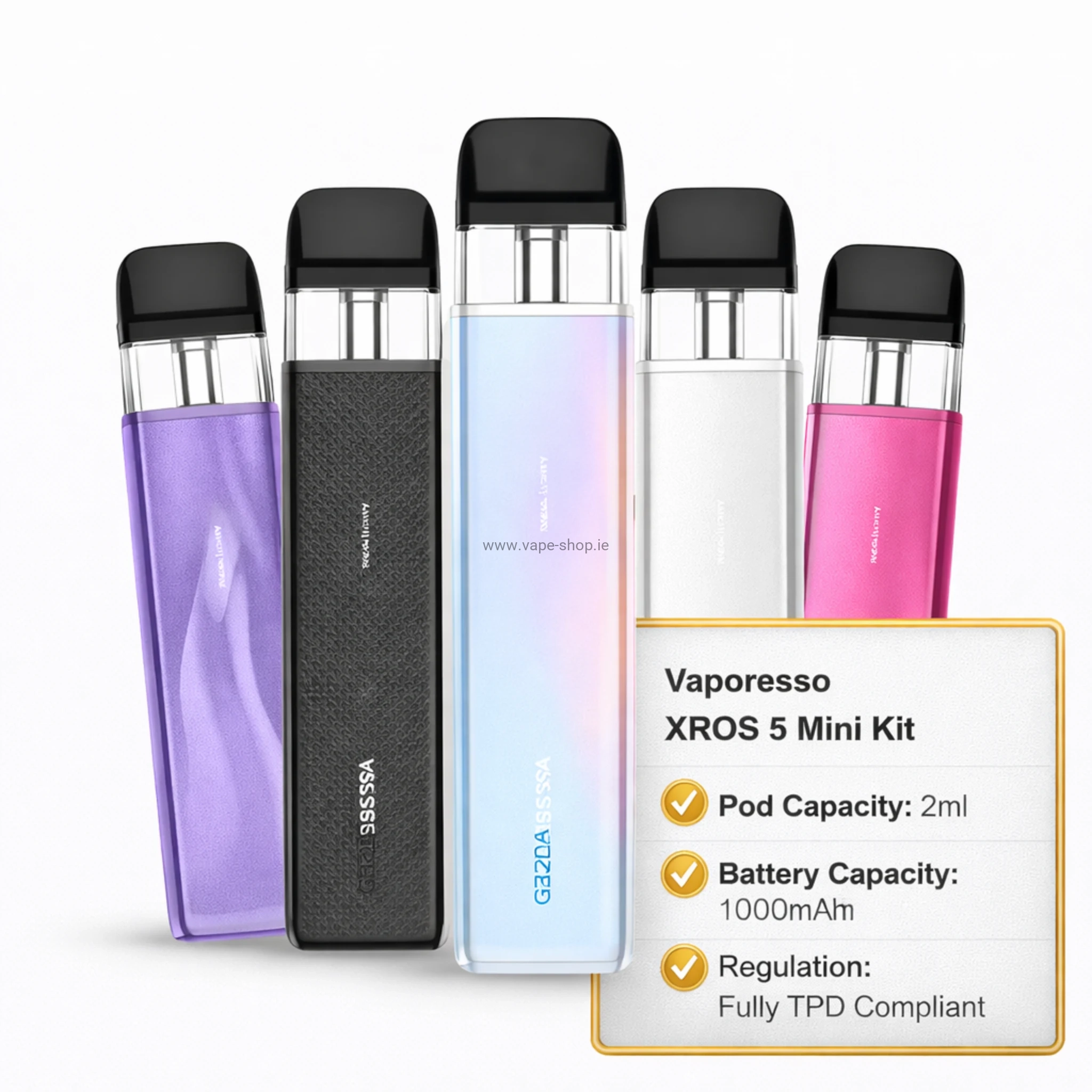 Vaporesso XROS 5 Mini devices with specs table 2ml pod 1000mAh