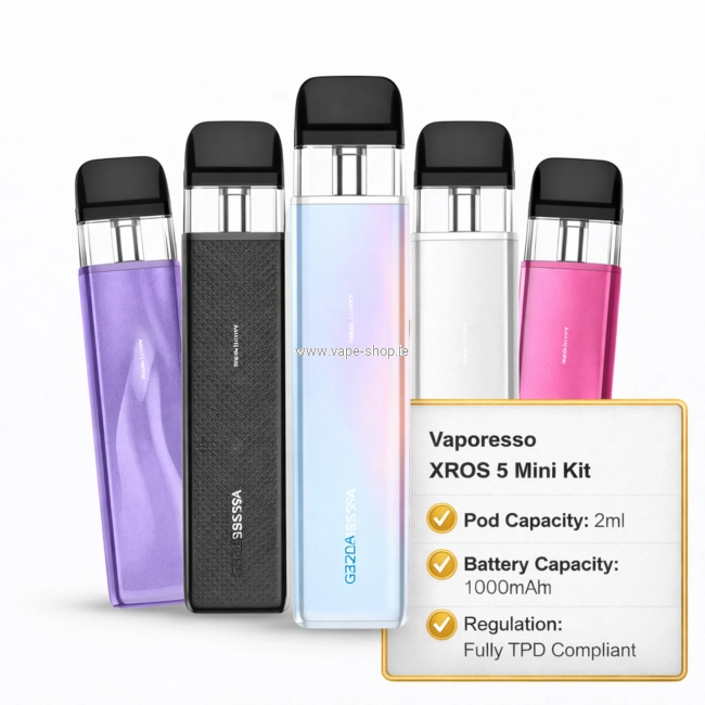 Vaporesso XROS 5 Mini devices with specs table 2ml pod 1000mAh
