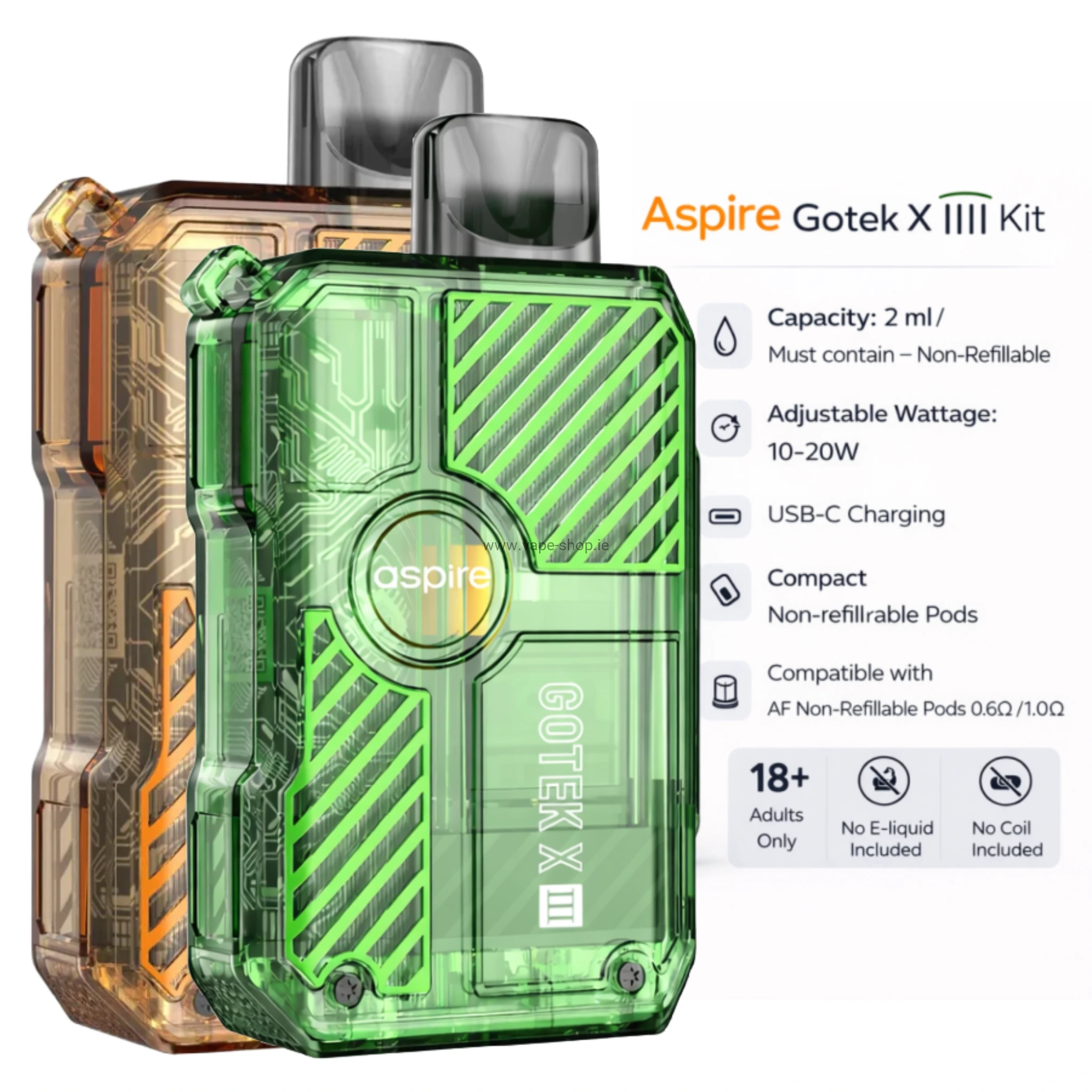 Aspire Gotek X III Kit green pod vape 2ml USB-C 10-20W