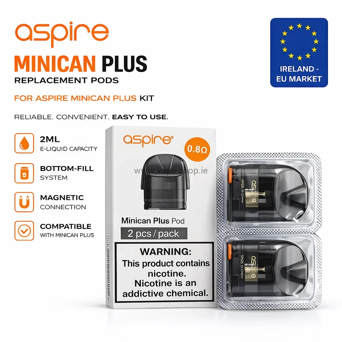 Aspire Minican Plus replacement pods 2ml bottom fill magnetic connection compatible with Minican Plus kit Ireland EU