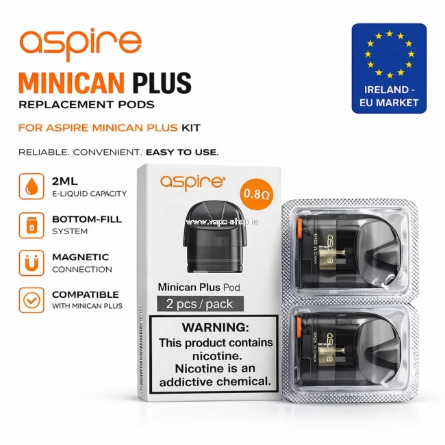 Aspire Minican Plus replacement pods 2ml bottom fill magnetic connection compatible with Minican Plus kit Ireland EU