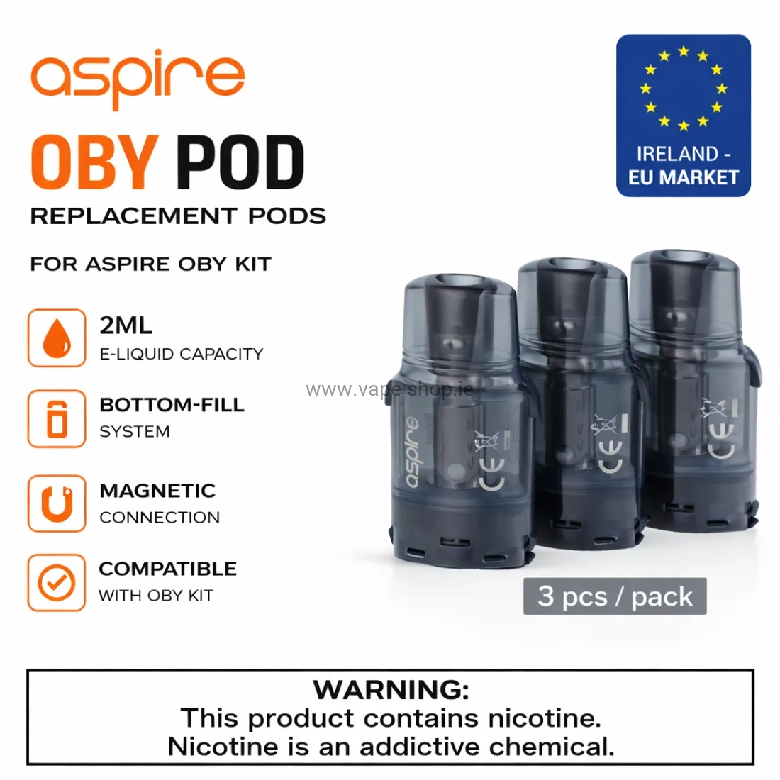 Aspire OBY replacement pods 2ml bottom fill magnetic connection compatible with OBY kit Ireland EU version