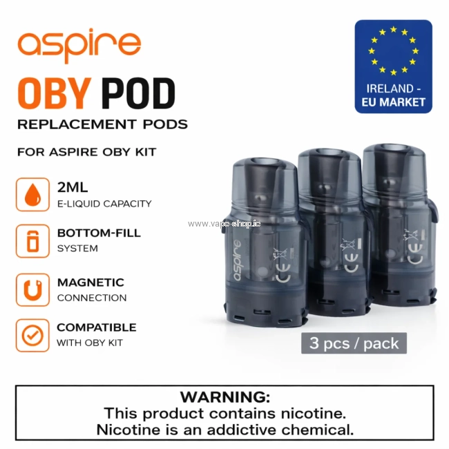 Aspire OBY replacement pods 2ml bottom fill magnetic connection compatible with OBY kit Ireland EU version