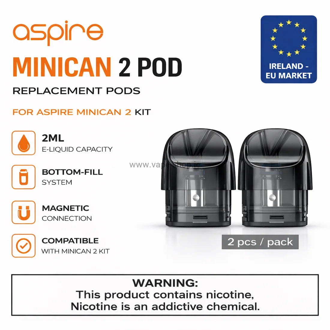 Aspire Minican 2 replacement pods 2ml bottom fill magnetic connection compatible with Minican 2 kit Ireland EU version