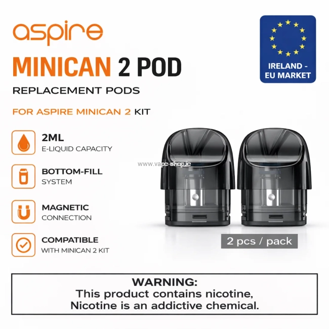 Aspire Minican 2 replacement pods 2ml bottom fill magnetic connection compatible with Minican 2 kit Ireland EU version
