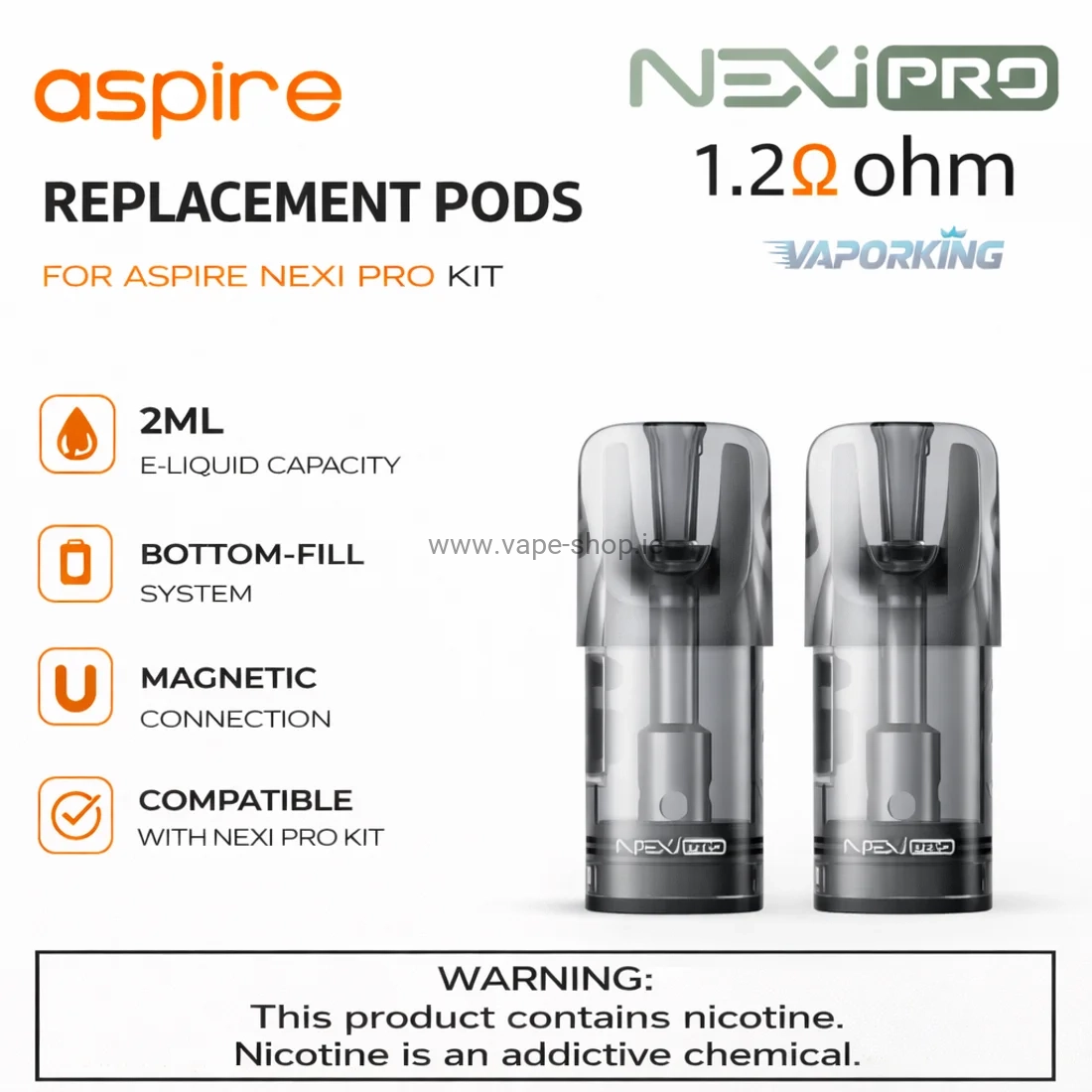 Aspire Nexi Pro replacement pods 2ml 1.2 ohm bottom fill magnetic connection compatible with Nexi Pro kit Ireland EU