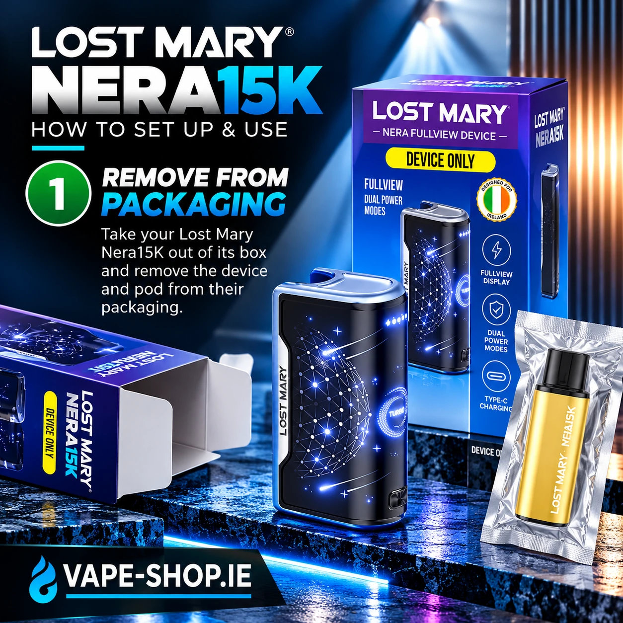 Lost Mary NERA15K step 1 – unboxing the rechargeable Fullview device