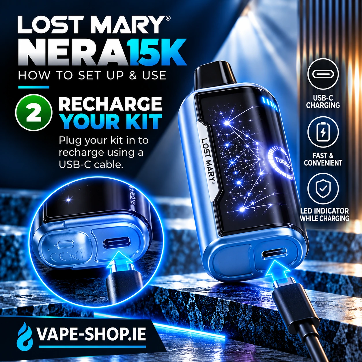 Lost Mary NERA15K step 2 – charging the Fullview device through USB-C