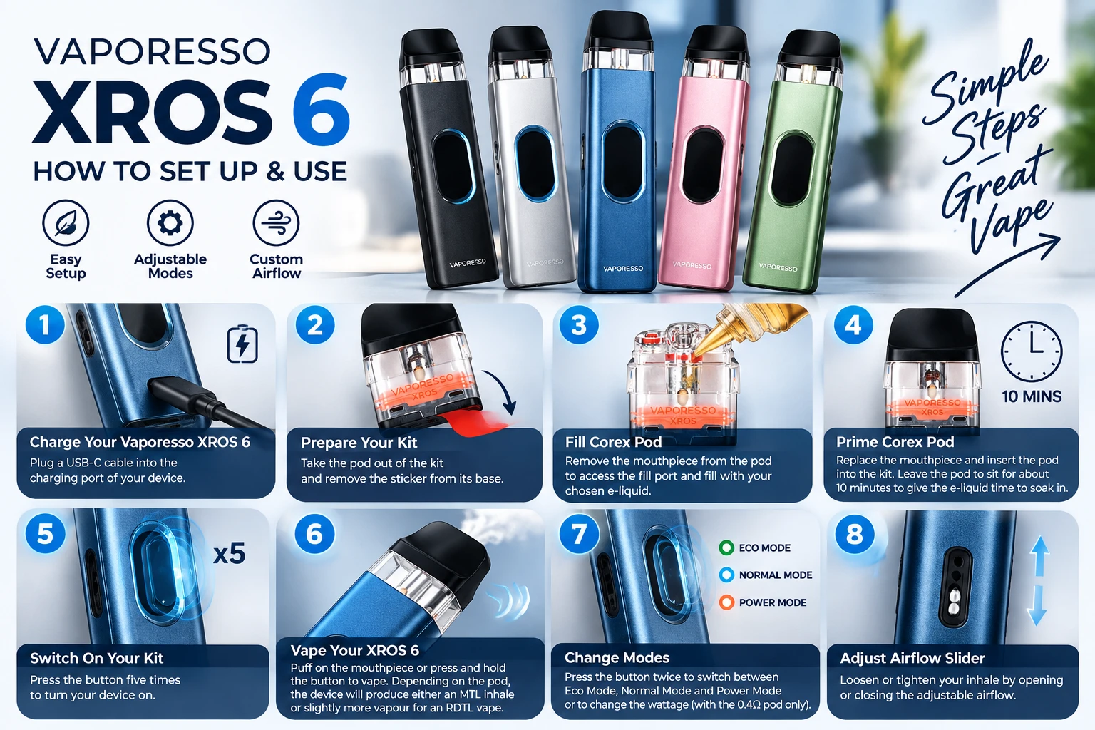 Vaporesso XROS 6 setup guide showing how to prepare, fill and use the rechargeable pod kit